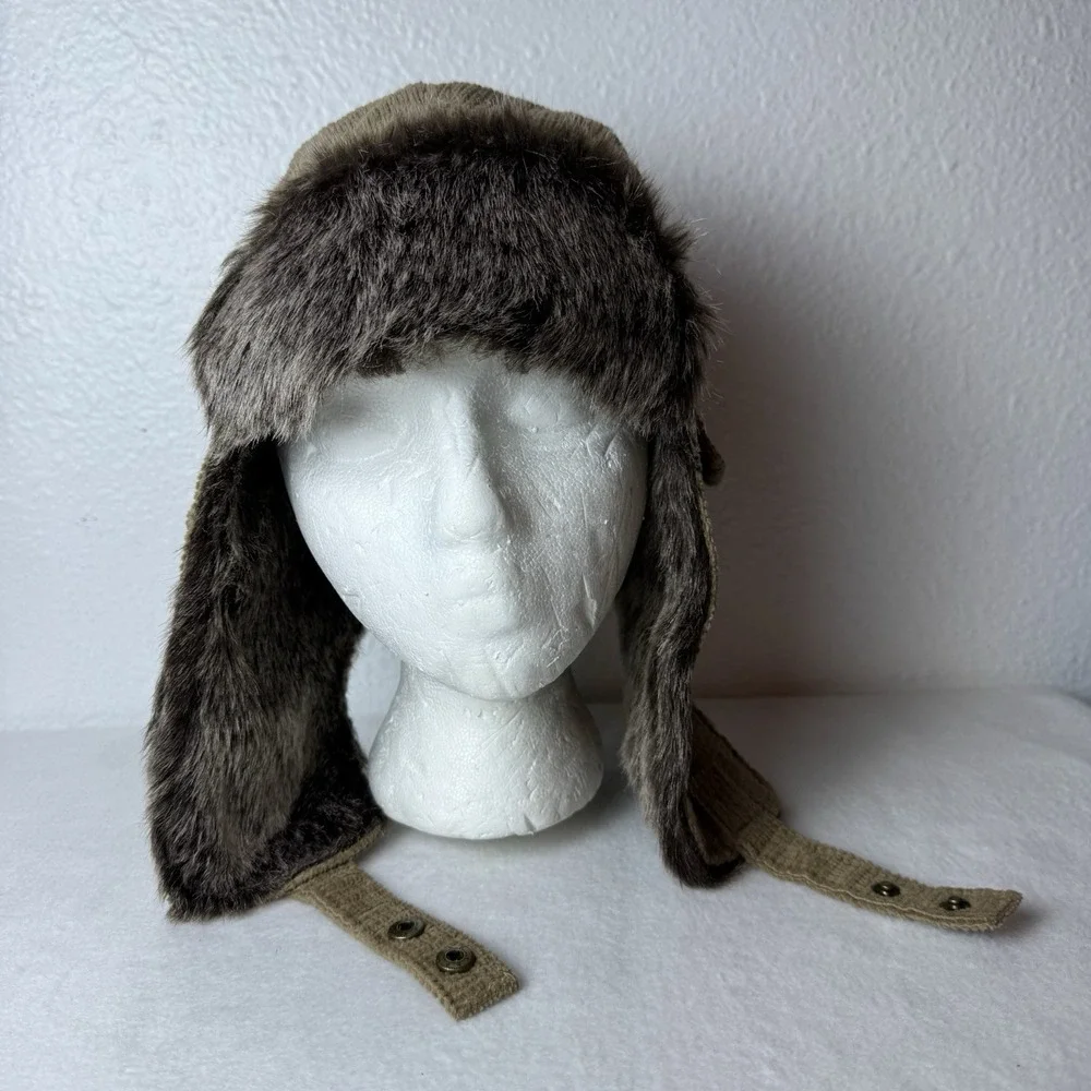 True Religion Men's Trapper Hat Cap Brown Tan One Size Faux Fur Lined Winter